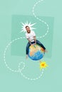 Creative banner poster image collage of funky young man ride explosion earth bomb fast speed war disaster concept