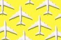 Creative banner of white planes on yellow background. Travel, vacation concept. Travel, vacation ban. Flights cancelled and