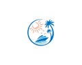 Creative beach boat and sunset scenery logo design icon.