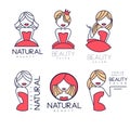 Creative beauty salon emblems in linear style. Geometric logos with gentle women silhouettes and text. Vector labels for