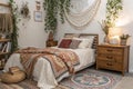 Creative bedroom interior with boho style Royalty Free Stock Photo