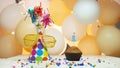 Creative birthday greetings with number 1, festive background with balloons for one year old, decorations for the holiday Royalty Free Stock Photo