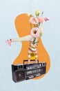 Creative bizarre collage of little person with natural floral flower child hand stand upside down oh huge boom box Royalty Free Stock Photo