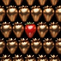 Creative black background with lots of golden strawberries and one natural berry in the center. Royalty Free Stock Photo