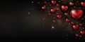 creative black background with scattered red hearts on the left side and a pattern of golden curls,a place for text,design concept