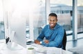 Creative, black businessman and portrait in office with computer for interior designing with construction company for