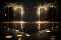 Creative black dance floor stage, empty podium black golden background with lights and bokeh. Minimalism, product Royalty Free Stock Photo