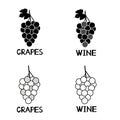 Creative black grapes icons, handwritten words Grapes and Wine. Royalty Free Stock Photo