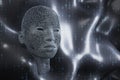 Creative black human head on wavy background with binary code. Future, robotics and artificial intelligence background.
