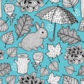 Creative black and white seamless pattern with cute rabbit and doodle umbrella.