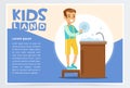 Creative blue card with place for text and cute boy character washing the dishes in tap. Kid doing a home cleanup Royalty Free Stock Photo