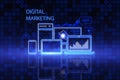 Creative blue gadgets hologram and business chart on blurry pixel backdrop. Digital marketing, social network and online service