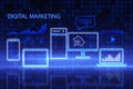 Creative blue gadgets hologram and business chart on blurry pixel wallpaper. Digital marketing, social network and online service