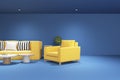 Creative blue office interior with yellow furniture. 3D Rendering Royalty Free Stock Photo