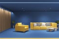 Creative blue office interior with yellow furniture and wooden wall.  3D Rendering Royalty Free Stock Photo