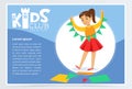 Creative blue poster for kids club with little girl character doing paper garland. Entertainment or development center