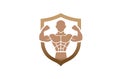 Creative Bodybuilder Gym Shield Logo Design Symbol Vector Illustration