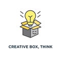 creative box, think outside the box icon, symbol of creativity and brainstorm, cute cartoon box and light bulb inside, for web and Royalty Free Stock Photo