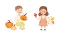 Creative Boy and Girl Showing Carved Pumpkin and Foliage Applique as Handcrafted Item Vector Set Royalty Free Stock Photo