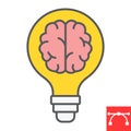 Creative brain color line icon, idea and lightbulb, creative thinking sign vector graphics, editable stroke filled