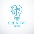 Creative brain concept, intelligent creation vector logo. Light bulb with half of human anatomical brain. Bright mind, thinking