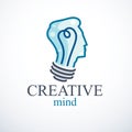 Creative brain concept, intelligent person vector logo. Light bu