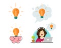 Creative brain idea lightbulb vector concept with woman person inspiration thinking or innovation solution bulb icon as invention