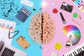 Creative brain with left math business functions and right creative art ability. Logic, mind and skills, creative idea. Teaching Royalty Free Stock Photo