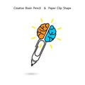 Creative brain pencil logo design,Paper clip sign.Concept of ide Royalty Free Stock Photo