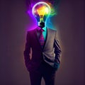 Generative AI: Creative Brain Thinking. Glowing Bulb Inside Man\'s Head