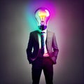 Generative AI: Creative Brain Thinking. Glowing Bulb Inside Man\'s Head