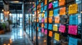 A creative brainstorming session for career rethinking with post-it notes on a glass wall Royalty Free Stock Photo