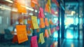 A creative brainstorming session for career rethinking with post-it notes on a glass wall