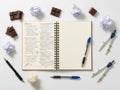 Creative brainstorming session with notebook and office supplies Royalty Free Stock Photo