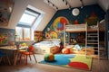 Creative and bright eco-design of a children\'s bedroom for three children