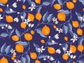 Creative bright lime and lemon branches seamless pattern on a blue background.