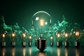 Creative brilliance Glowing lightbulb amid question marks on green backdrop Royalty Free Stock Photo