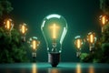 Creative brilliance Glowing lightbulb amid question marks on green backdrop Royalty Free Stock Photo