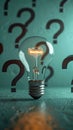Creative brilliance Glowing lightbulb amid question marks on green backdrop Royalty Free Stock Photo