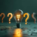 Creative brilliance Glowing lightbulb amid question marks on green backdrop Royalty Free Stock Photo
