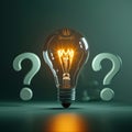 Creative brilliance Glowing lightbulb amid question marks on green backdrop Royalty Free Stock Photo