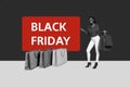 Creative brochure invitation black friday collage of young classy chic fashionista buying clothes isolated on monochrome