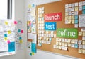 Creative business brainstorming board with pinned concepts, color-coded ideas, launch and test notes in clean office lighting, Royalty Free Stock Photo