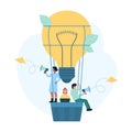 Creative business idea, achievement of marketing team flying on hot light bulb balloon