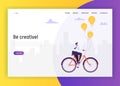 Creative Business Idea Concept Landing Page Background. Businessman Riding Bike to Work Man Character in Suit on Bicycle