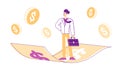 Creative Business Innovation Startup. Marketing Business Man Character with Briefcase in Hand Flying on Money Carpet