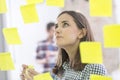 Confident businesswoman planning while looking at adhesive notes stuck on glass wall