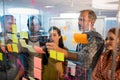 Creative business team looking at sticky notes on glass window Royalty Free Stock Photo