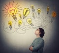 Creative businessman, thinking of great ideas, looking at bright lightbulbs on the wall. Business worker search for solutions to Royalty Free Stock Photo