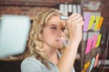 Creative businesswoman writing on sticky notes in office